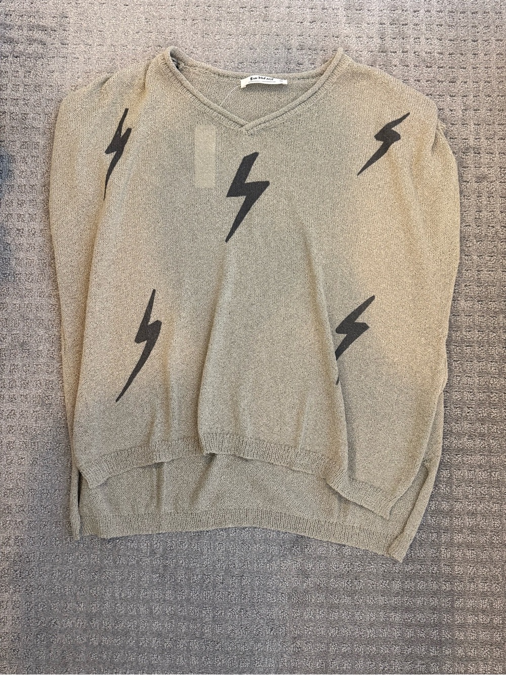 Three Bird Nest Taupe V-Neck Sweater with Black Lightning Bolts